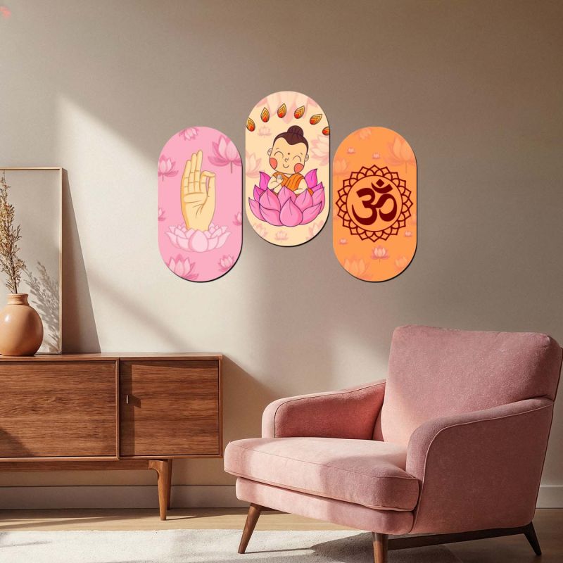 Cute Buddha Wall Art Hanging Set of 3 for Home & Meditation Décor